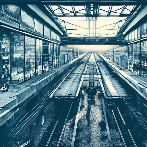 Prompt: illustration of a scifi power building, in middle of a bustling train station, trains moving into the distance, overhead view, Krzysztof Nowak, 4k