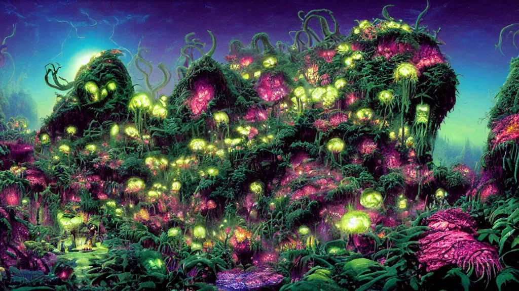 Prompt: glowing alien flowers with large teeth and fangs eat humans and grow out of the dark in a verdant jungle, bioluminescent monsters grin in the background by thomas kinkade and roger dean.