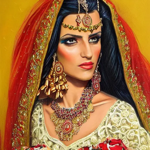 Image similar to full body portrait of a beautiful Kurdish bride wearing beautiful a beautiful wedding dress, very detailed eyes, hyperrealistic, beautiful, very detailed painting by Glenn Fabry, trending on artstation, extremely high detail, incredibly intricate