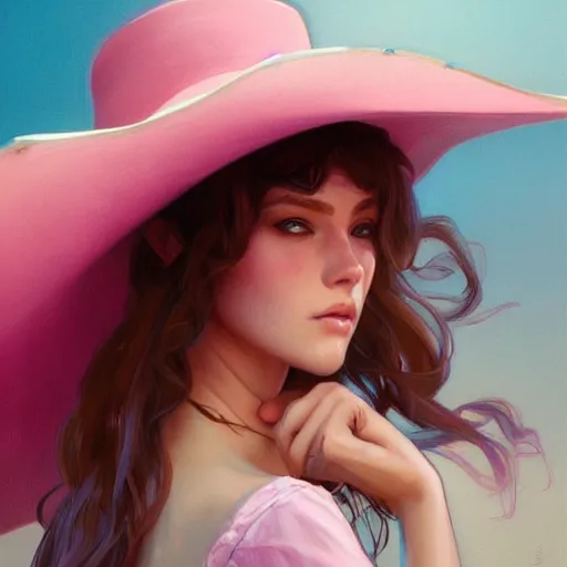 Prompt: Pink cowboy hat, highly detailed, digital painting, artstation, concept art, smooth, sharp focus, illustration, art by artgerm and greg rutkowski and alphonse mucha