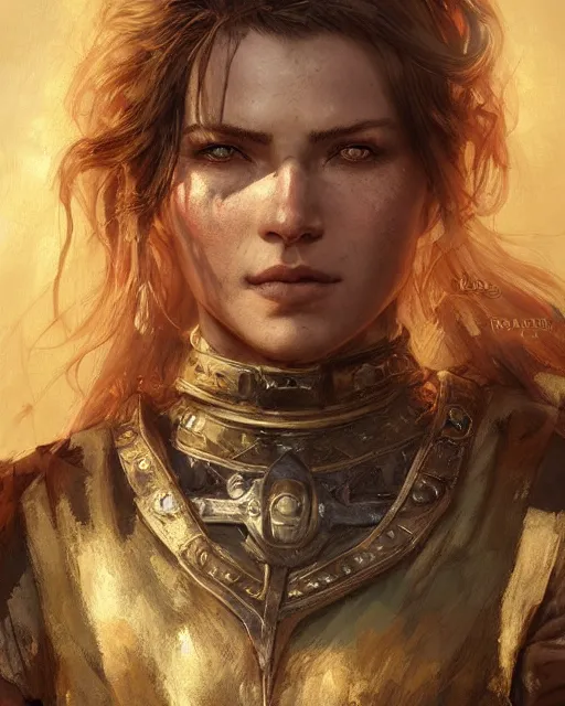 Image similar to the elder scrolls vi, charismatic rugged female nord warrior portrait, illustration, rim light, top light, perfectly shaded, golden hour, epic, intricate, soft painting, art by ross tran, krenz cushart and wenjun lin