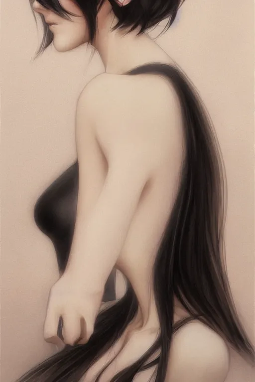 Image similar to side view of a beautiful black haired pale woman, by artgerm, by studio trigger, by wlop, realistic, soft light, warm colors