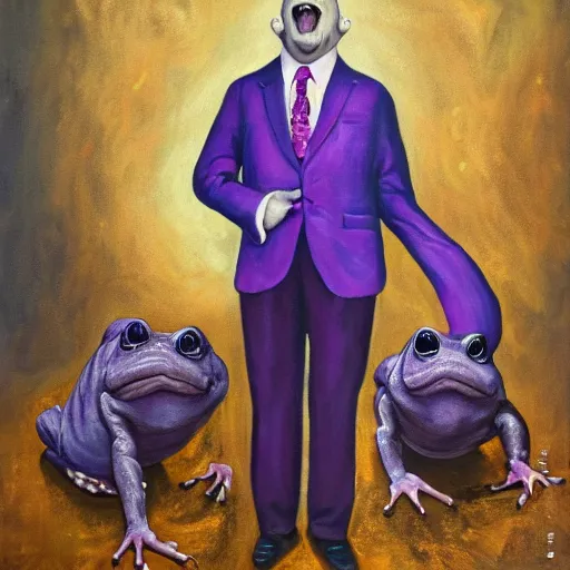 Image similar to Portrait of a psychotic crossbreed between a rabid dog and a toad, in a purple suit, oil painting