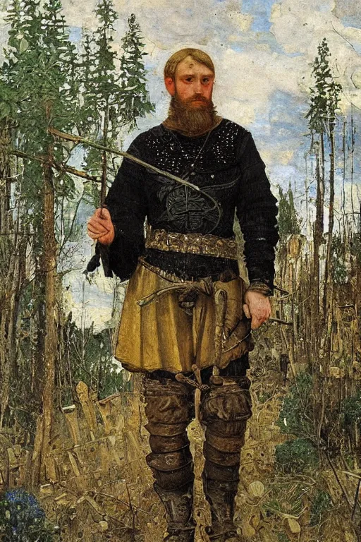 Image similar to Heroic medieval man in black adidas jacket armor, full body, beautiful russian nature, painting by vasnetsov