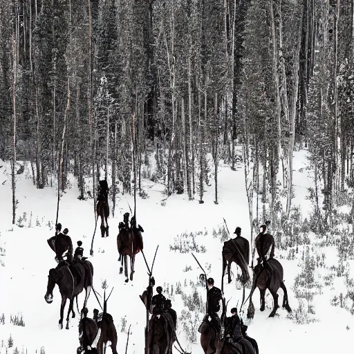 Prompt: photograph of savage plains indians on the warpath riding horses through some aspen trees in the snow attacking