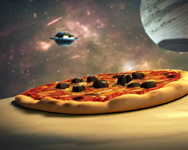 Image similar to a single slice of pizza spaceship in orbit over a single planet space starwars 3 d render starwars clonewars 4 k atmospheric cinematic shot octane render high definition