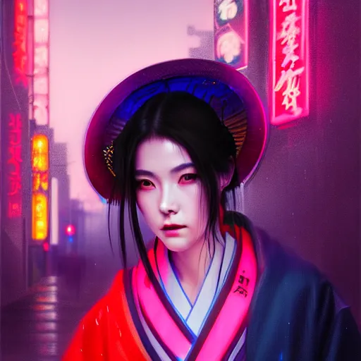 Image similar to photographic close - up portait of a beautiful young cyberpunk geisha half body in a kimono in city with neon lights, ambient lights, rainy day, digital painting, highly detailed, glowing lights, art station, by greg rutkowski