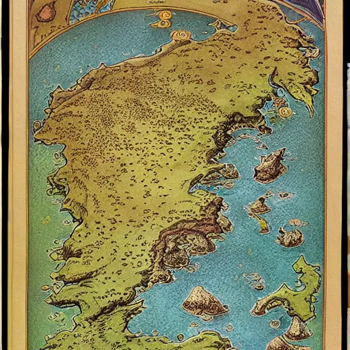 Image similar to an isometric fantasy map, the land of Odrua, uncluttered, bordered by ocean, continent with mountains lakes hills and cities, by brian froud by jrr tolkien