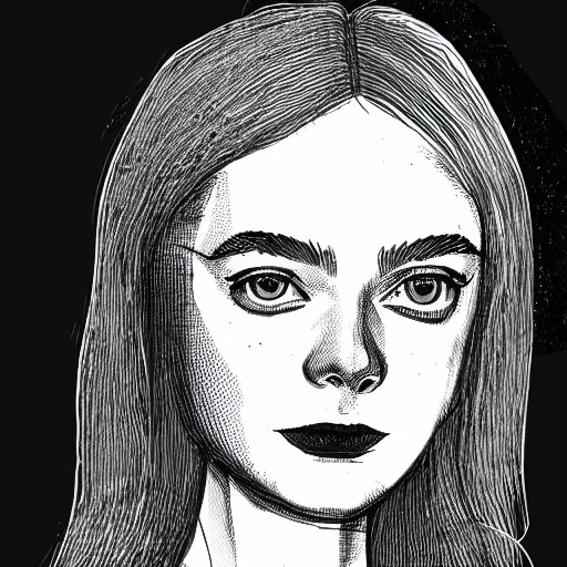 Prompt: illustration of Elle Fanning, by Mike Mignola. 8K. Extremely detailed.