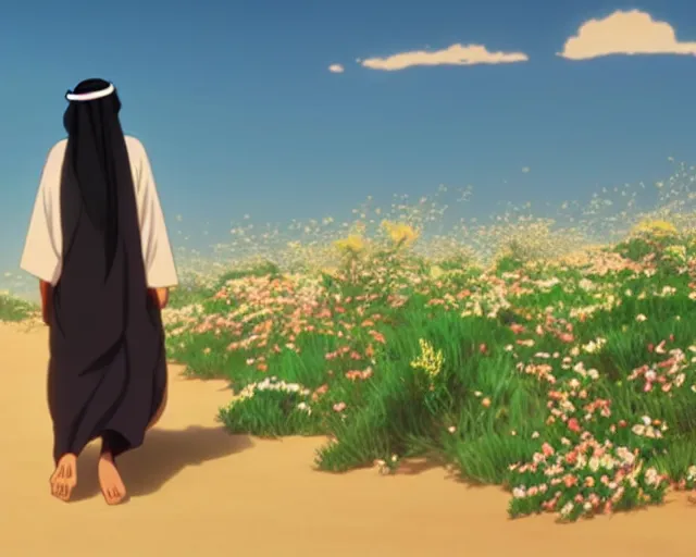 Prompt: an arab man in the desert with wildflowers, makoto shinkai, loish, studio ghibli, tooth wu