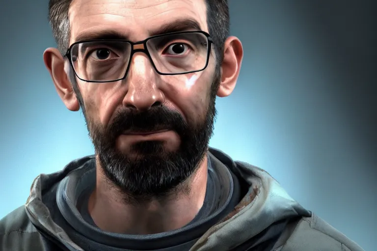 Image similar to half life 3 main character portrait, award - winning, stunningly realistic, volumetric lighting, coherent, no artifacts, cinematic, atmospheric, studio quality