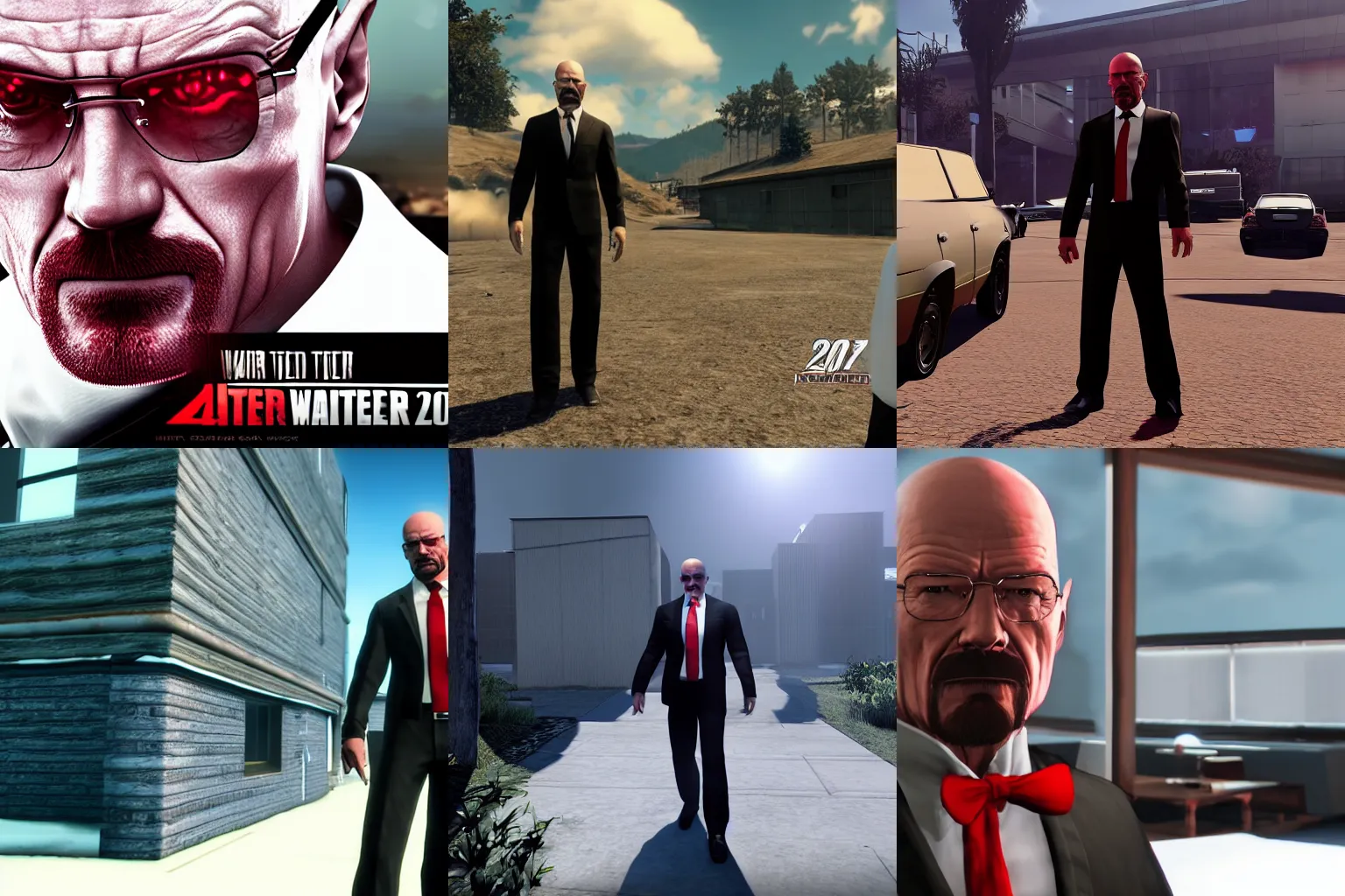 Prompt: Screenshot of Walter White as Agent 47, red tie, Hitman 2016, video game