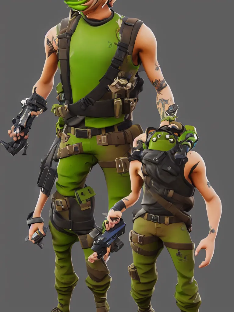 Image similar to fortnite character anthropomorphic pickle kind eyes and a derpy smile. flak jacket ammo bandolier cargo pants black combat boots. fortnite, unreal engine, highly detailed