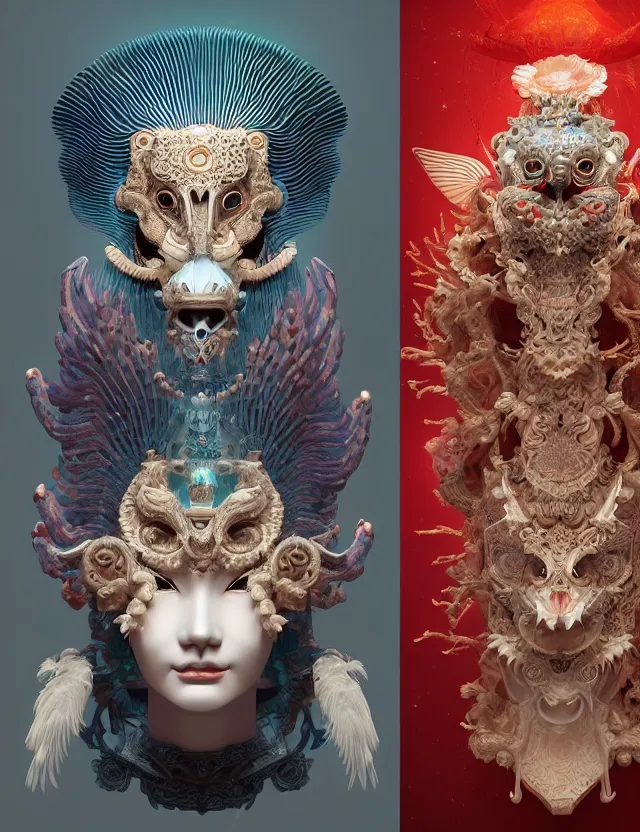 Image similar to 3 d goddess close - up frontal portrait with ram skull. beautiful intricately detailed japanese crow kitsune mask and clasical japanese kimono. betta fish, jellyfish phoenix, bio luminescent, plasma, ice, water, wind, creature, artwork by tooth wu and wlop and beeple and greg rutkowski