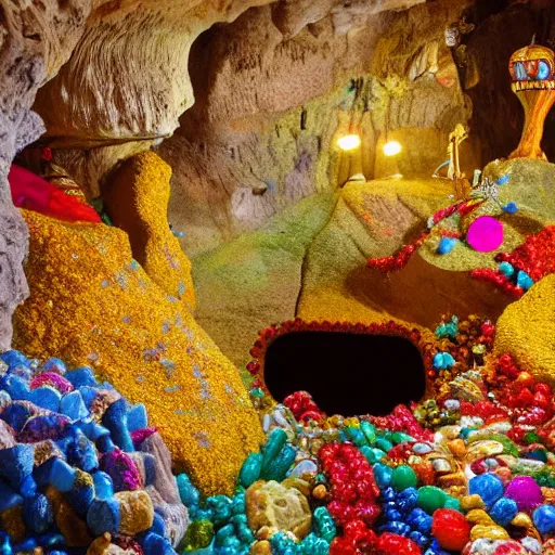 Prompt: cave of golden treasure and colorful jewels