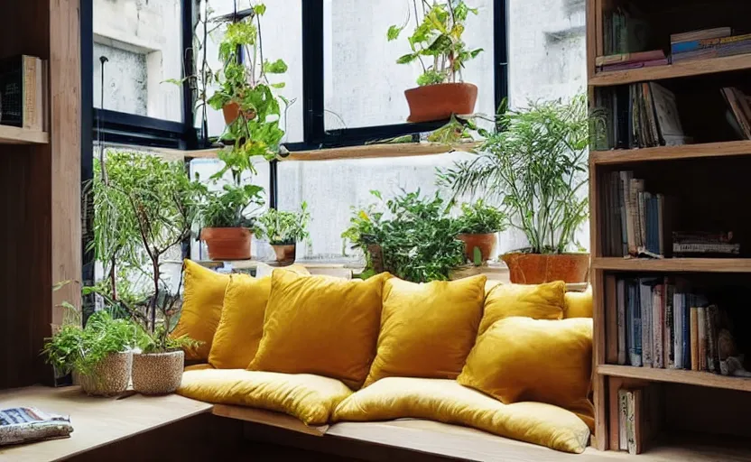 Prompt: interior design magazine photo of a big window with a wooden frame to sit on, some sandy yellow pillows, there are some books on a small integrated shelf, hanging plants, great architecture, ambient light, 8k