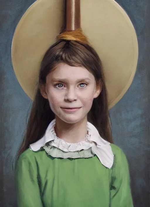 Image similar to a portrait of tiffany aching, an eleven year old girl with brown hair in a ponytail. she is wearing a simple light green dress with an addition and a black pointed witch hat. she is holding a frying pan beautiful painting with highly detailed face by greg rutkowski and magali villanueve