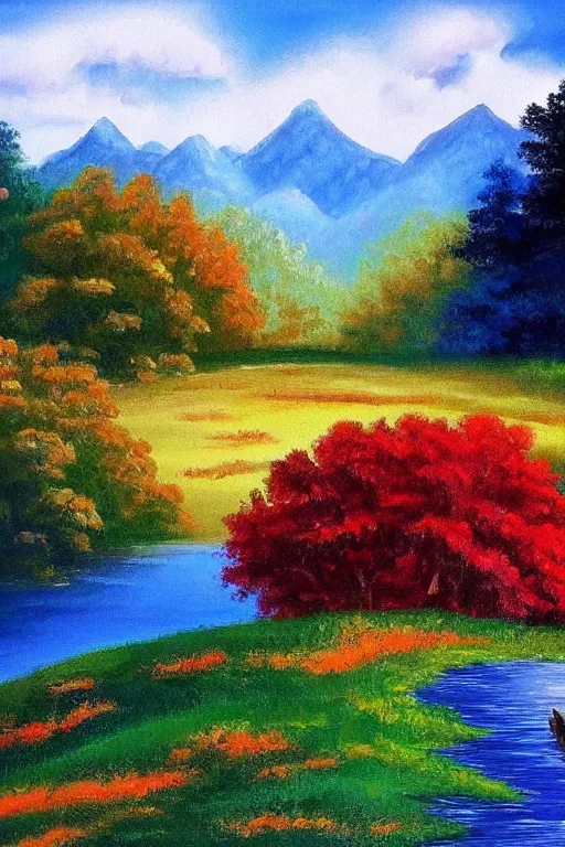 Prompt: a beautiful bob ross landscape painting
