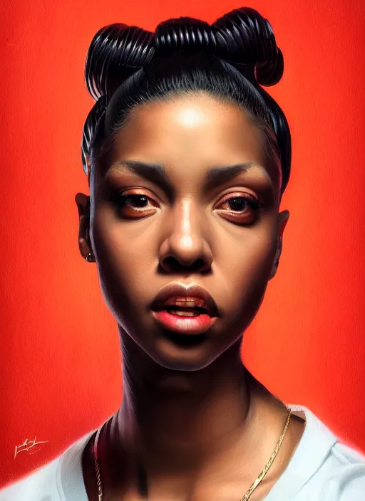 Prompt: a detailed painted portrait of an 9 0's era female hiphop artist by artist hadi karimi, wlop, artgerm, greg rutkowski, confident expression, dramatic lowkey studio lighting, accurate skin textures, hyperrealism, cgsociety, aesthetically pleasing and harmonious vintage colors