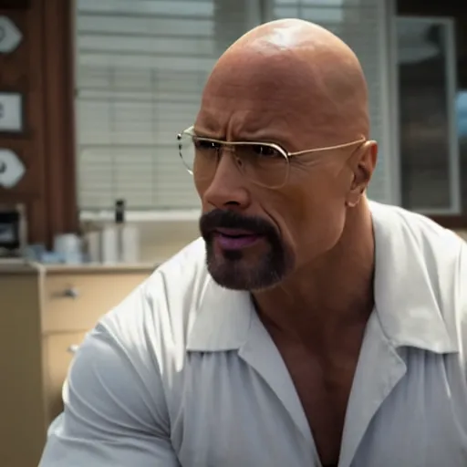 Image similar to Dwayne The Rock Johnson as Walter White in 'Breaking Bad' (2012), movie still frame, oscar nominated cinematography, volumetric lighting, 8k resolution, beautiful composition