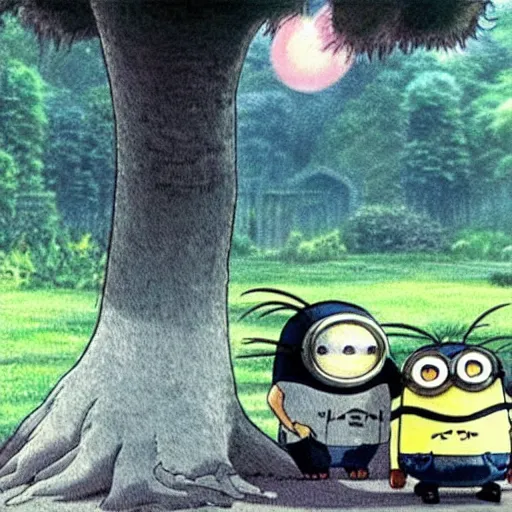 Image similar to minions in my neighbor totoro, miyazaki, anime,