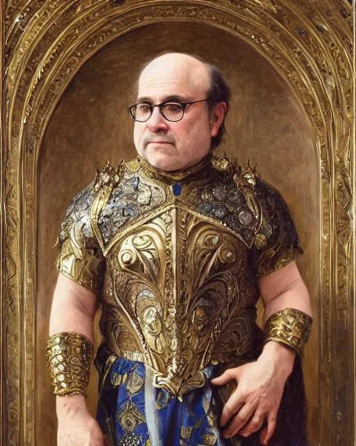 Prompt: Daniel DeVito , dressed in ornate, detailed, intricate iridescent opal armor, detailed oil painting by William Adolphe Bouguereau and Donato Giancola