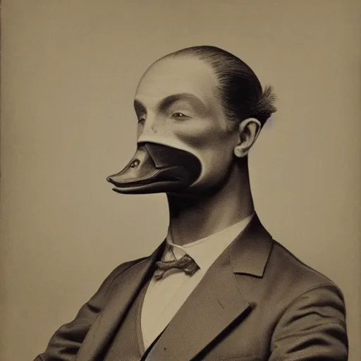 Image similar to a high detail photo of a man with a duck's head wearing a suit, antropomorphic, photorealism