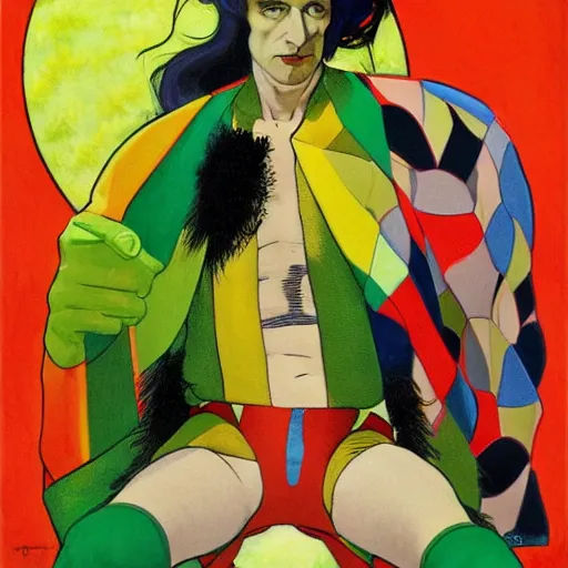 Prompt: art by joshua middleton, the creeper, a tall manically smiling yellow - skinned man with green and black striped cycling shorts and wearing a long red feather boa, mucha, kandinsky, poster, comic art, stylised design