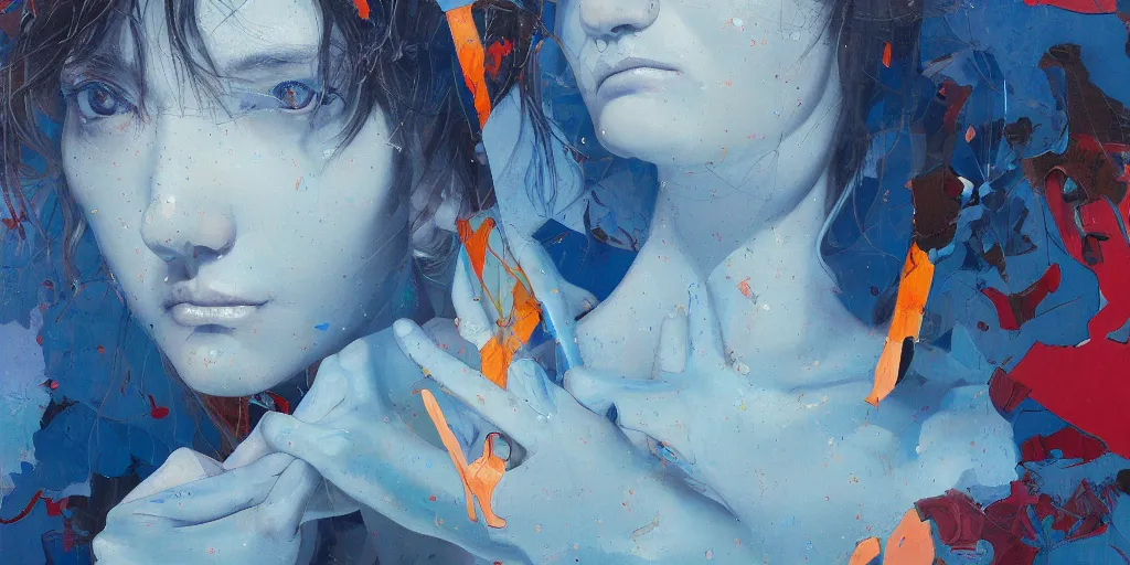 Prompt: monumental portrait soft light by james jean and satoshi kon and erik jones, inspired by evangelion, smooth feature, intricate oil painting, high detail illustration, sharp high detail, klein blue 1 9 9 9