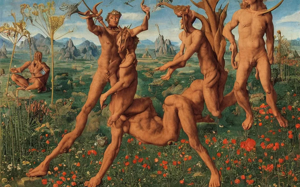 Image similar to a portrait photograph of a meditating satyr and a centaur monk riding a rocket machine and hunting at a river delta. surrounded by bulbous flowers and trees. mountain range under a blue sky of fiery stars. by jan van eyck, max ernst, ernst haeckel, ernst fuchs and artgerm, cgsociety, fashion editorial, 8 k