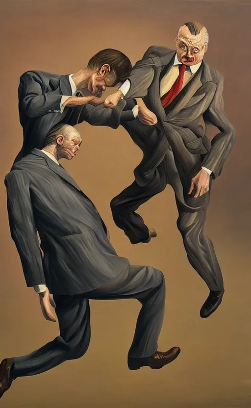 Prompt: Oil painting of two man in a business suit fighting each other by Lucian Freud, Abstract brush strokes, Masterpiece, Edward Hopper and James Gilleard, Zdzislaw Beksinski, Mark Ryden, Wolfgang Lettl highly detailed, hints of Yayoi Kasuma