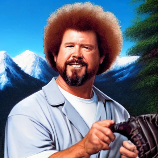 Image similar to a closeup photorealistic photograph of bob ross crafting an image of kenny powers baseball, a painting on a canvas. mountains and trees. film still. brightly lit scene. this 4 k hd image is trending on artstation, featured on behance, well - rendered, extra crisp, features intricate detail, epic composition and the style of unreal engine.