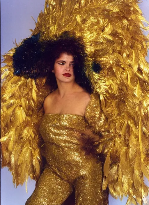Image similar to realistic detailed photo of the sleeping person, wearing a golden leaf feathers fluffy fur carnival costume with golden sparkles. 1 9 9 0, life magazine reportage photo