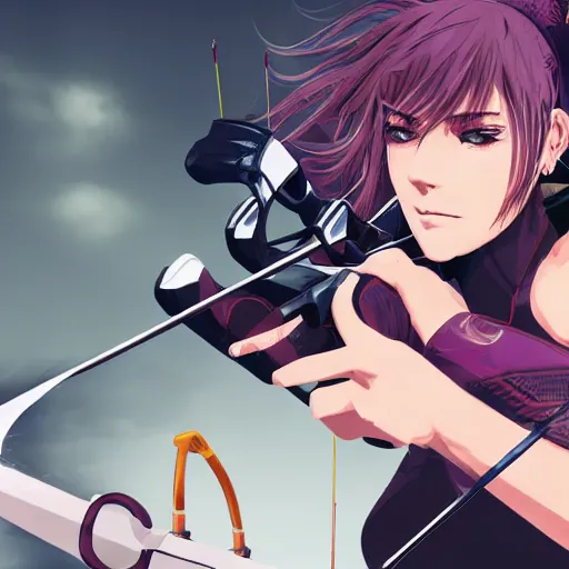 Prompt: close up, attractive sports woman in archery, a grungy cyberpunk anime, highly detailed