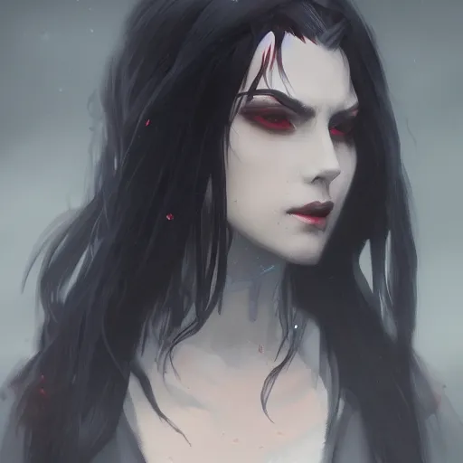 Image similar to female human vampire witch in the style of greg rutkowski, makoto shinkai, trending on artstation, character design, concept art, pretty face, highly detailed, long black hair, portrait, digital art