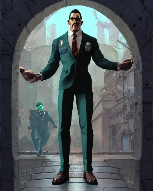 Image similar to luigi bodybuilder in a expensive suit, ernest khalimov body by krista sudmalis, fantasy character portrait, ultra realistic, futuristic background by laurie greasley, concept art, intricate details, highly detailed by greg rutkowski, ilya kuvshinov, gaston bussiere, craig mullins, simon bisley