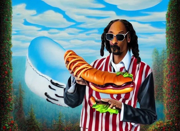 Prompt: snoop dogg inside a hot dog, lowbrow, matte painting, 3 - d highly detailed, in the style of mark ryden,