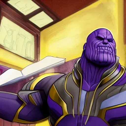 Image similar to thanos studying in school, highres