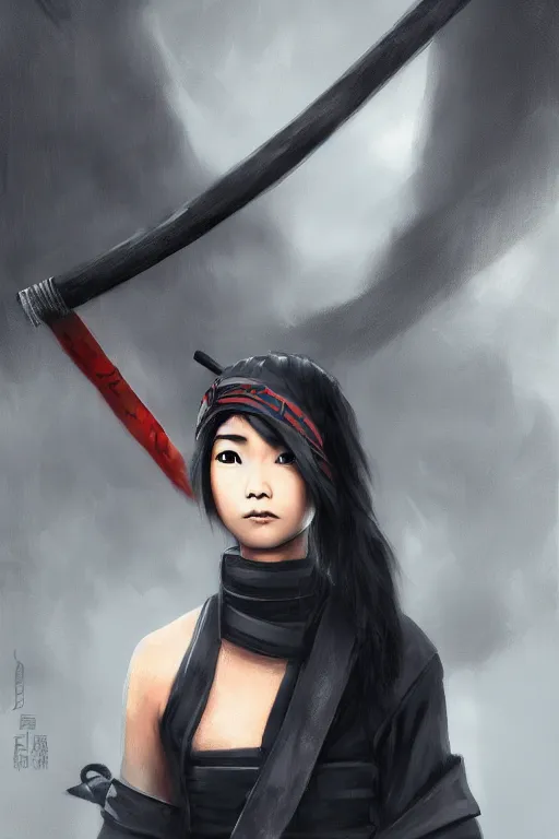 Image similar to native japanese young woman dressed like shinobi ninja, focused stare, partially masked, highly detailed, photorealistic render, digital painting, trending on artstation, character design, overcast weather