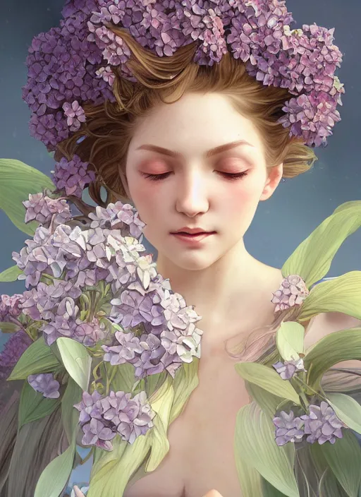 Prompt: a photographic portrait of a anthropomorphic hydrangea blossom, fantasy, wind blowing hair, intricate, elegant, highly detailed, digital painting, artstation, concept art, smooth, sharp focus, illustration, art by artgerm and h r giger and alphonse mucha