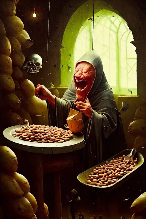 Image similar to hieronymus bosch, greg rutkowski, anna podedworna, painting of a man eating beans in a movie theatre and everyone is laughing at them