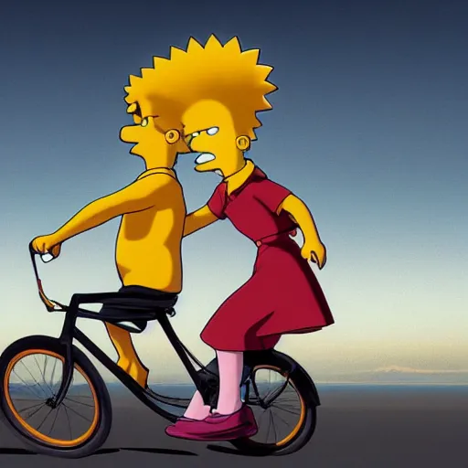 Image similar to Hyper realistic portrait of Joe Biden sniffing little Lisa Simpson's long flowing hair while they ride a bicycle together, little Lisa Simpson is sitting in the basket on the front of the bike, Cinematic lighting, ultra super good realistic 3D render by Gerald Brom and James Jean, Trending on Artstation, 8k, post processing, sharp focus