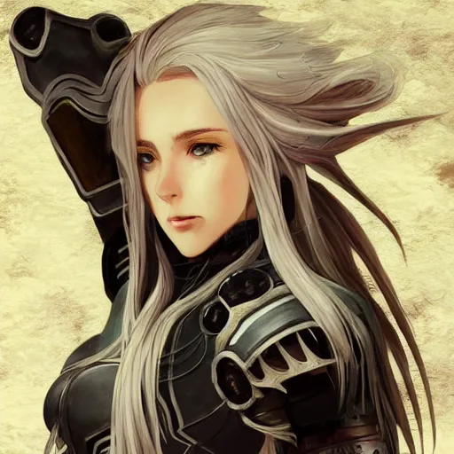 Image similar to realistic full body character design character design of an anime girl with long white hair wearing Elden Ring armor with engraving in the style of Yoji Shinkawa, noisy film grain effect, highly detailed, Renaissance oil painting, weird portrait angle, blurred lost edges, three quarter view