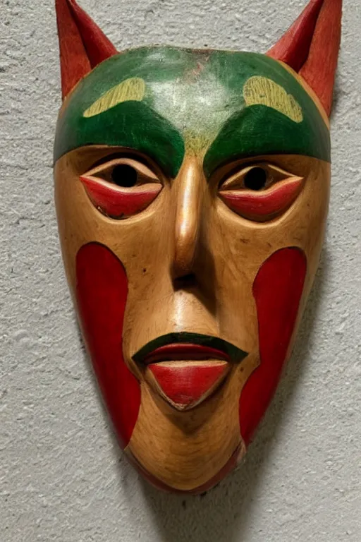 Image similar to a flat carved wooden elf mask face, staring eyes, vividly coloured, highly detailed, vintage european folk art, colour photograph