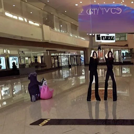 Image similar to security camera footage of two witches performing a summoning ritual in the middle of a mall