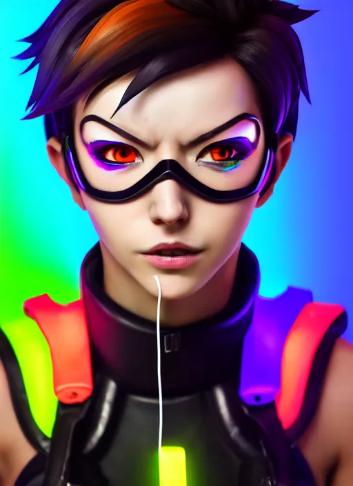 Prompt: full body overwatch style oil painting portrait of tracer overwatch, confident pose, wearing black jagged iridescent rainbow latex armor, rainbow, neon, 4 k, expressive surprised expression, makeup, wearing large rainbow neon choker, studio lighting, acid, trippy, black leather harness, expressive detailed face and eyes,