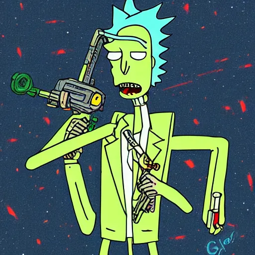 Image similar to portrait of alien rick holding a cybernetic rifle, rick and morty forever and forever a hundred years! g