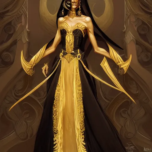Prompt: Full-length portrait of a tall brown-skin elf woman wearing stylish black and gold robes, intricate, elegant, highly detailed, digital painting, smooth, sharp focus, artstation, graphic novel, art by stanley artgerm and greg rutkowski and peter mohrbacher,