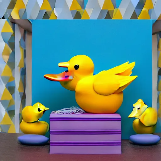 Prompt: a hyper - realistic rubber duck sits alone in a large room next to a birthday cake, the walls are covered with colorful geometric wall paintings in the style of sol lewitt, neoclassical architecture.