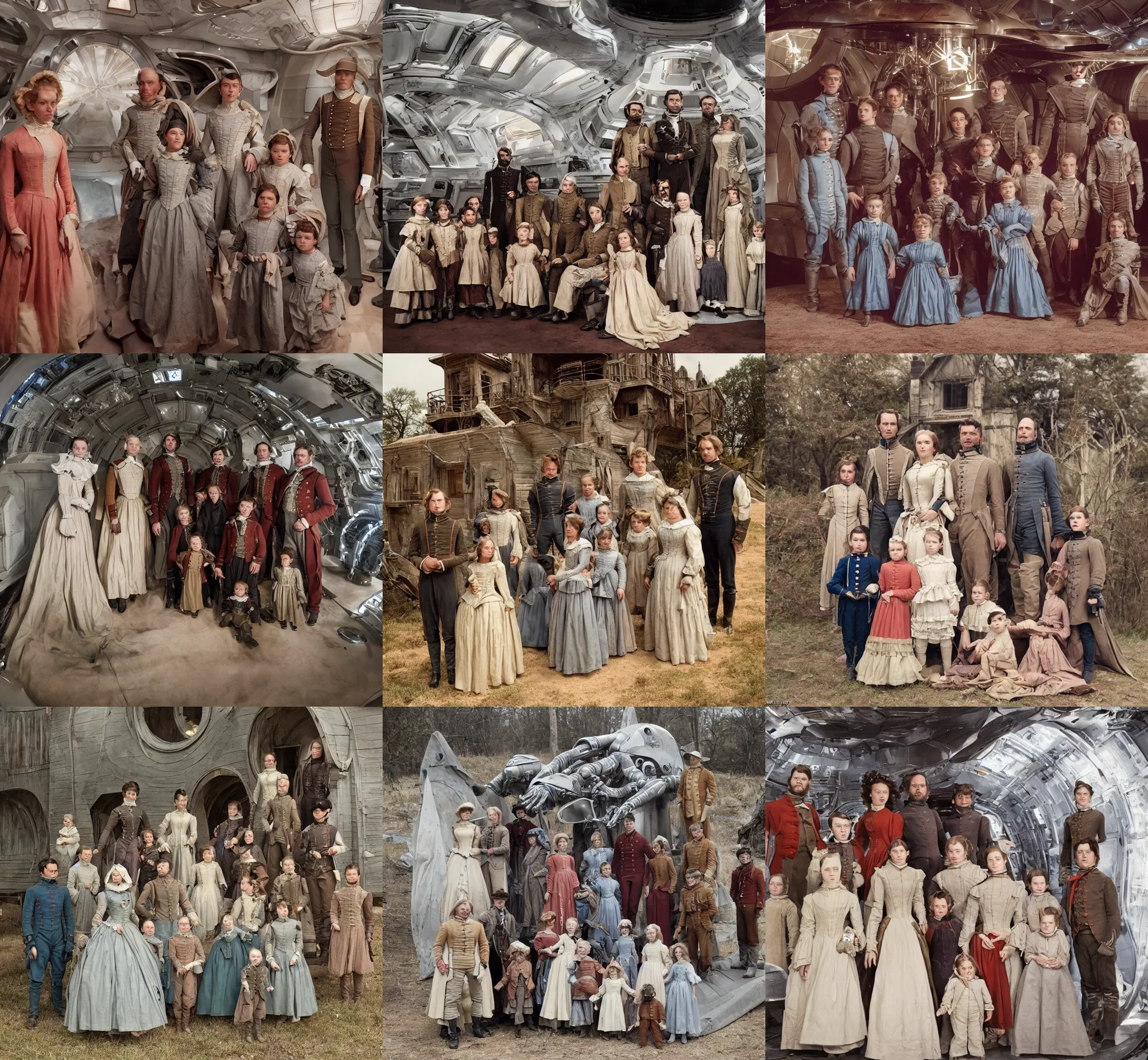 Prompt: sharp, highly detailed, 9216k film, 175000mm film still from a sci fi blockbuster color movie made in 2019, set in 1860, of a family standing in front of their spaceship, on an alien planet, the family are all wearing 1860s era clothes, good lighting, in focus, 350mm f/1.4L lens
